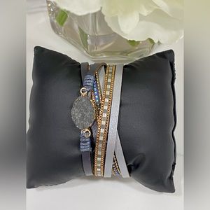 2/$25 NEW Black Gray Rhinestone chain gem vegan leather bracelet Boho layered